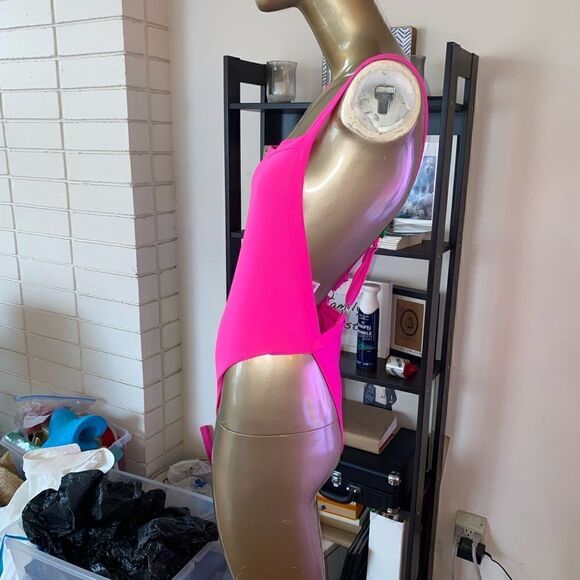 Neon, pink high, cut adjustable strap bodysuit . So small. Snap crotch - Picture 4 of 7